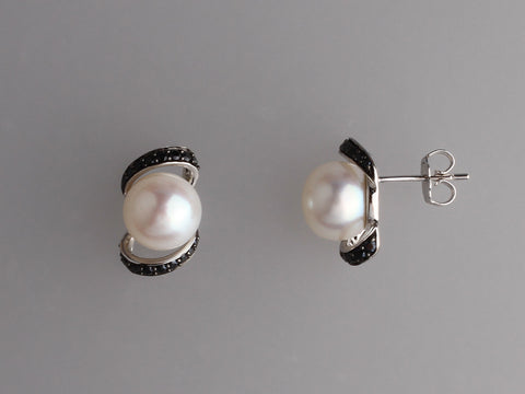 Sterling Silver Earrings with 9-9.5mm Button Shape Freshwater Pearl and Black Spinel