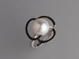 Sterling Silver Ring with 12-12.5mm Button Shape Freshwater Pearl and Black Spinel