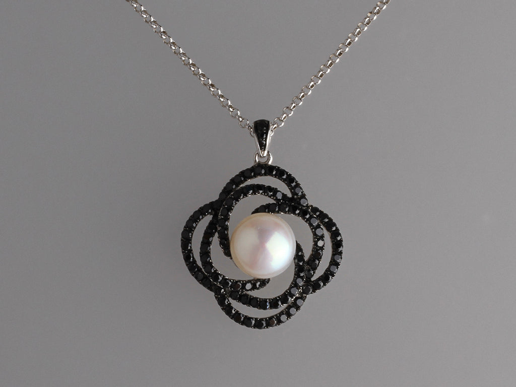 Sterling Silver Pendant with 10-10.5mm Button Shape Freshwater Pearl and Black Spinel