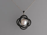 Sterling Silver Pendant with 10-10.5mm Button Shape Freshwater Pearl and Black Spinel