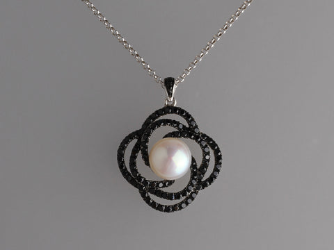 Sterling Silver Pendant with 10-10.5mm Button Shape Freshwater Pearl and Black Spinel