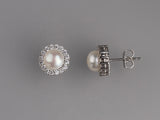 Sterling SIlver Earrings with 7-7.5mm Button Shape Freshwater Pearl and Cubic Zirconia