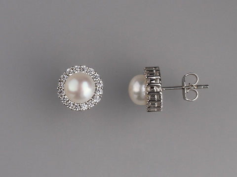 Sterling SIlver Earrings with 7-7.5mm Button Shape Freshwater Pearl and Cubic Zirconia