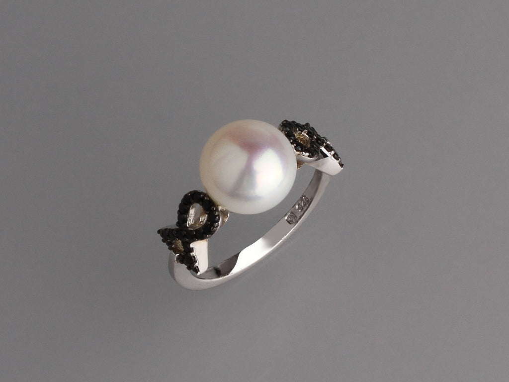 Sterling Silver Ring with 9.5-10mm Button Shape Freshwater Pearl and Black Spinel