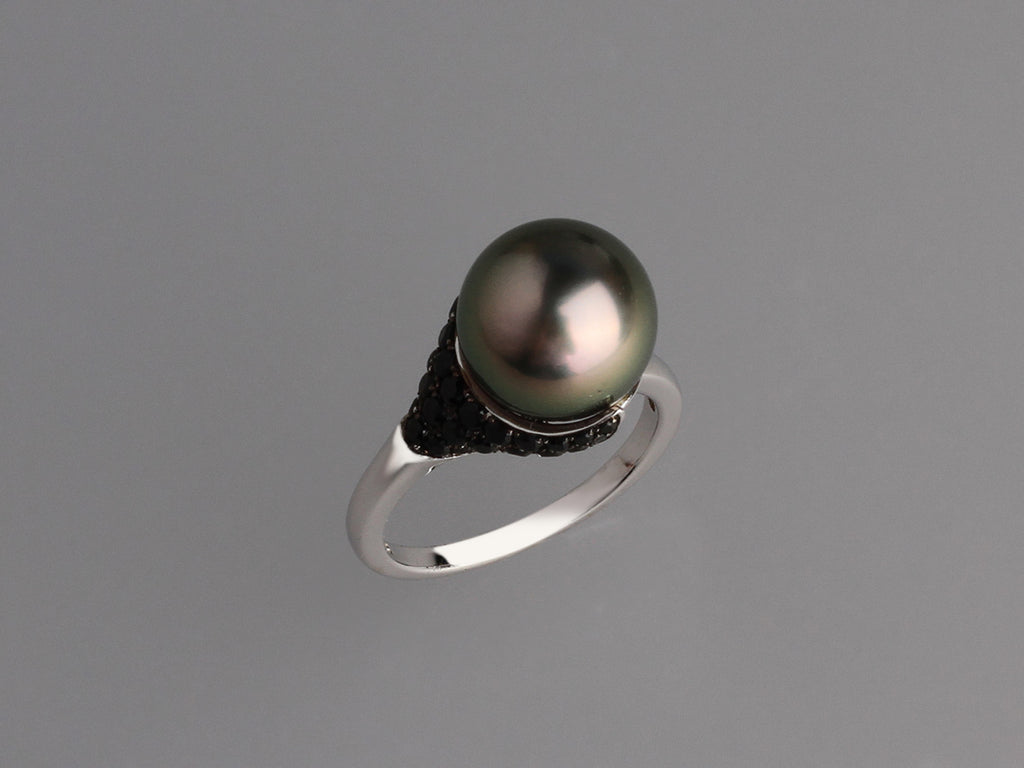 Sterling Silver Ring with 11.5-12mm Tahitian Pearl and Black Spinel