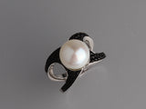 Sterling Silver Ring with 11-11.5mm Button Shape Freshwater Pearl and Black Spinel