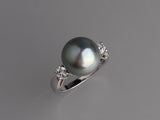 Sterling Silver Ring with 12mm Round Shape Tahitian Pearl and Cubic Zirconia