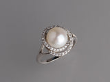Sterling Silver Ring with 9-9.5mm Button Shape Freshwater Pearl and Cubic Zirconia