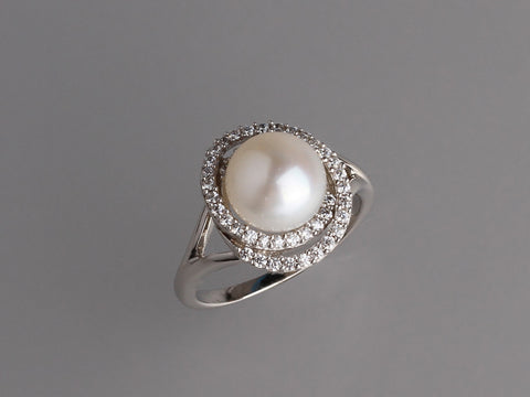 Sterling Silver Ring with 9-9.5mm Button Shape Freshwater Pearl and Cubic Zirconia