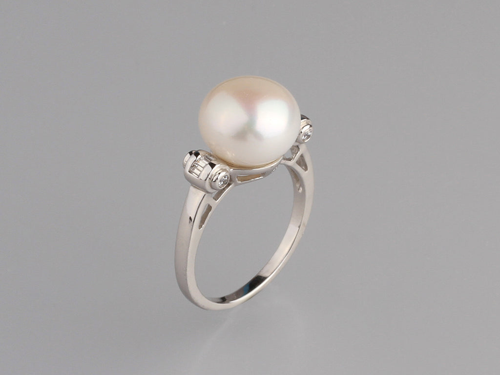 Sterling Silver Ring with 11-11.5mm Button Shape Freshwater Pearl and Cubic Zirconia