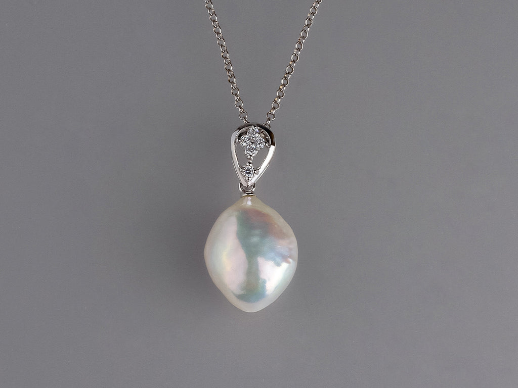 Sterling Silver Pendant with 13-14mm Baroque Shape Freshwater Pearl and Cubic Zirconia