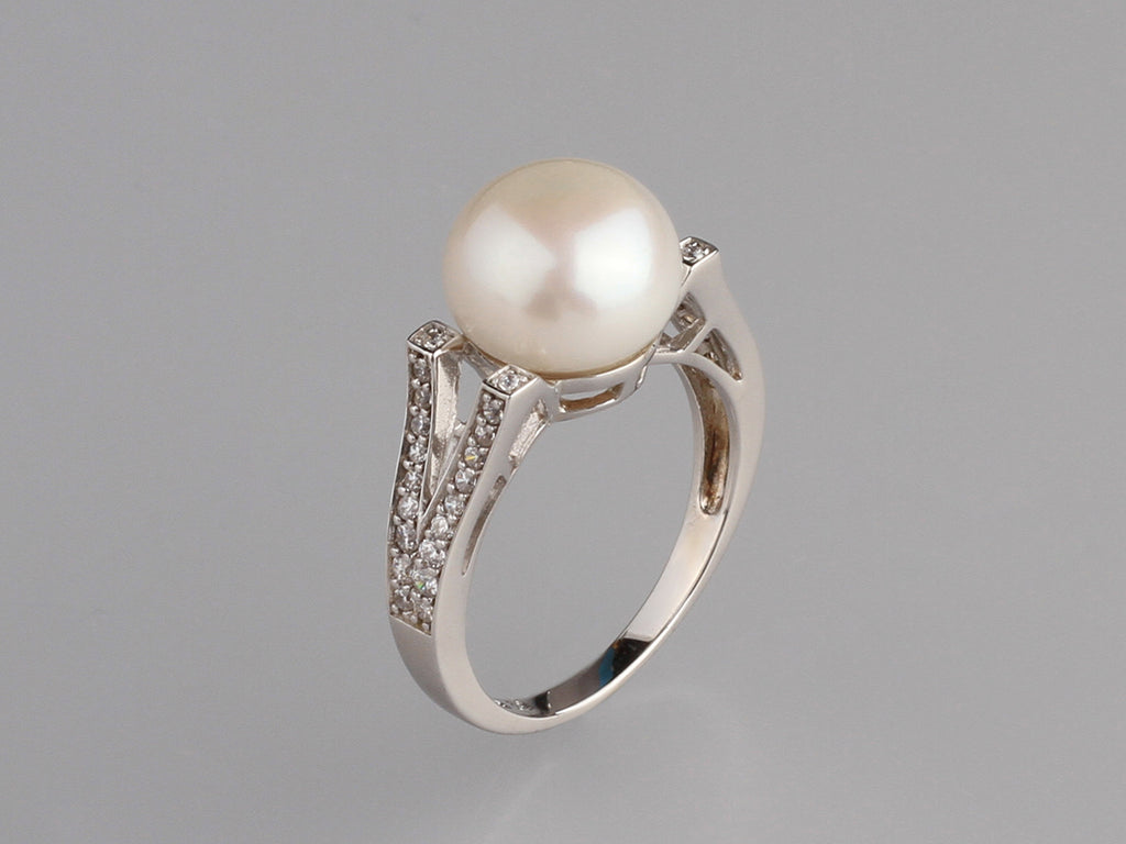 Sterling Silver Ring with 10.5-11mm Button Shape Freshwater Pearl and Cubic Zirconia