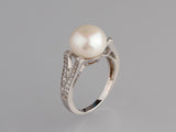 Sterling Silver Ring with 10.5-11mm Button Shape Freshwater Pearl and Cubic Zirconia