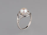 Sterling Silver Ring with 8-8.5mm Button Shape Freshwater Pearl and Cubic Zirconia