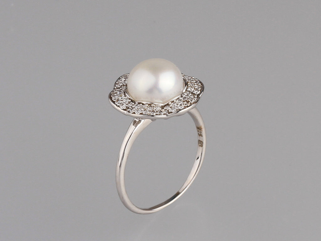 Sterling Silver Ring with 9-9.5mm Button Shape Freshwater Pearl and Cubic Zirconia