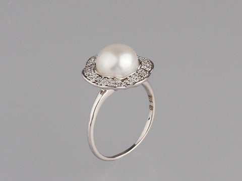 Sterling Silver Ring with 9-9.5mm Button Shape Freshwater Pearl and Cubic Zirconia