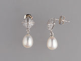 Sterling Silver Earrings with 7.5-8mm Drop Shape Freshwater Pearl and Cubic Zirconia