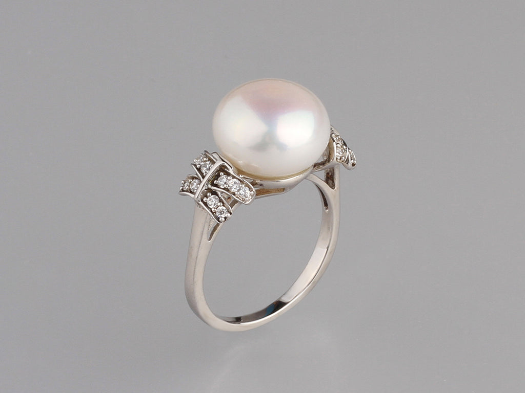 Sterling Silver Ring with 12-12.5mm Button Shape Freshwater Pearl and Cubic Zirconia