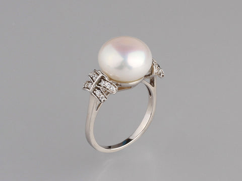 Sterling Silver Ring with 12-12.5mm Button Shape Freshwater Pearl and Cubic Zirconia