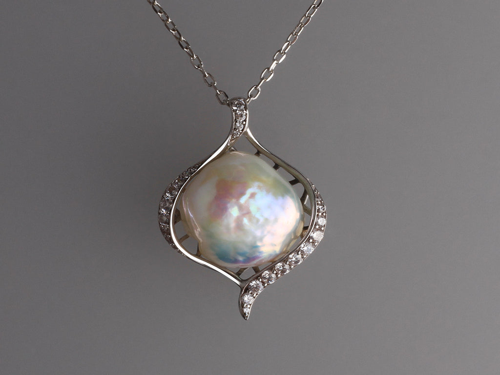 Sterling Silver Pendant with 16-17mm Baroque Shape Freshwater Pearl and Cubic Zirconia