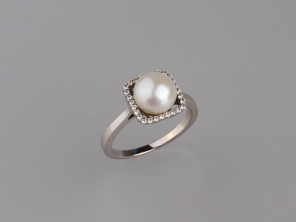 Sterling Silver Ring with 8-8.5mm Button Shape Freshwater Pearl and Cubic Zirconia