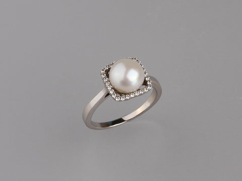 Sterling Silver Ring with 8-8.5mm Button Shape Freshwater Pearl and Cubic Zirconia