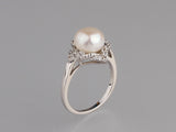 Sterling Silver Ring with 9-9.5mm Button Shape Freshwater Pearl and Cubic Zirconia