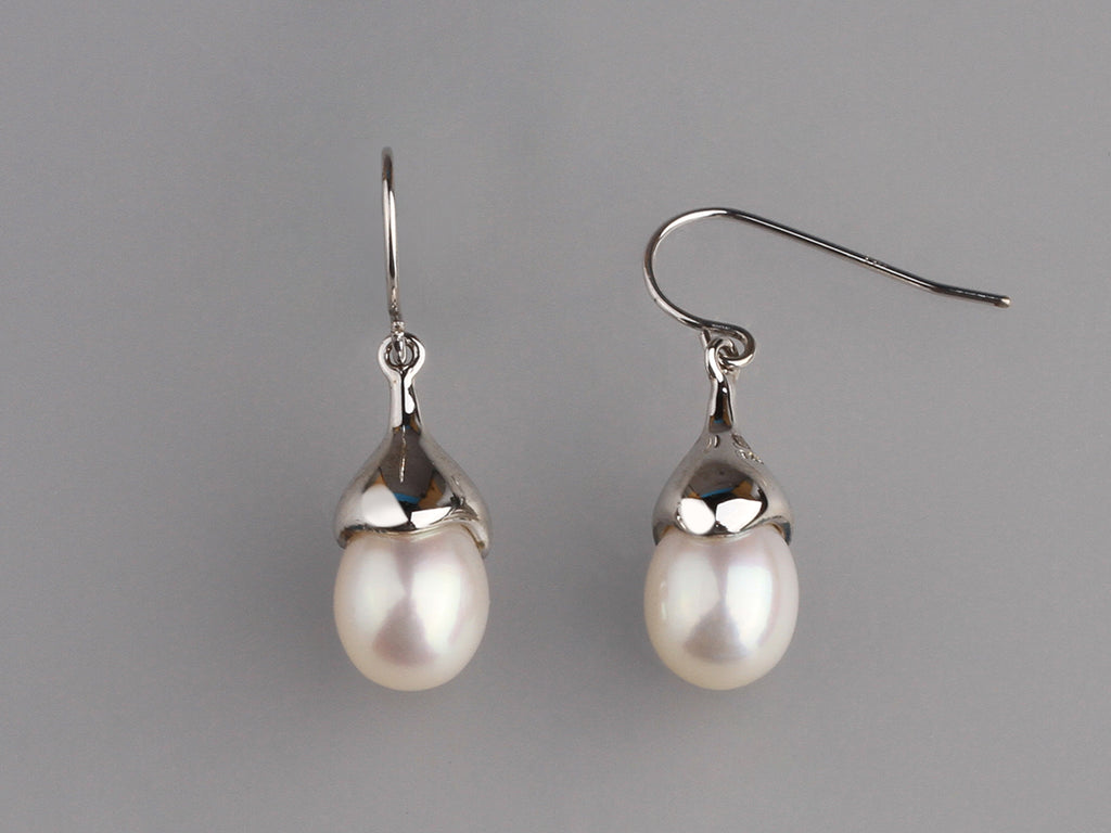 Sterling Silver Earrings with 8.5-9mm Drop Shape Freshwater Pearl