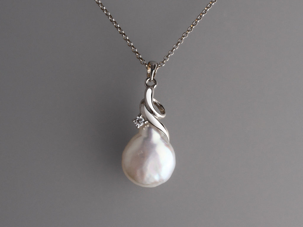 Sterling Silver Pendant with 13-14mm Button Shape Freshwater Pearl and Cubic Zirconia