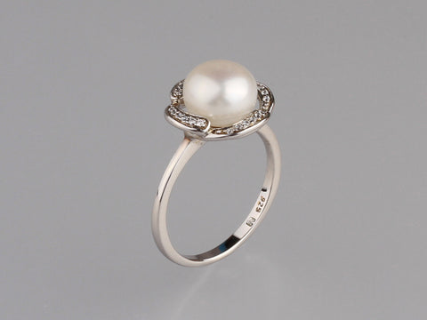 Sterling Silver Ring with 8.5-9mm Button Shape Freshwater Pearl and Cubic Zirconia