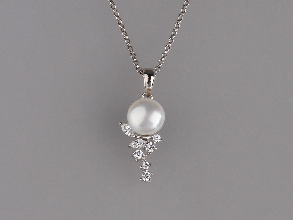 Sterling Silver Pendant with 8-8.5mm Button Shape Freshwater Pearl and Cubic Zirconia