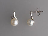 Sterling Silver Earrings with 7-7.5mm Button Shape Freshwater Pearl and Cubic Zirconia