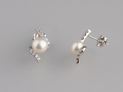 Sterling Silver Earrings with 7-7.5mm Button Shape Freshwater Pearl and Cubic Zirconia