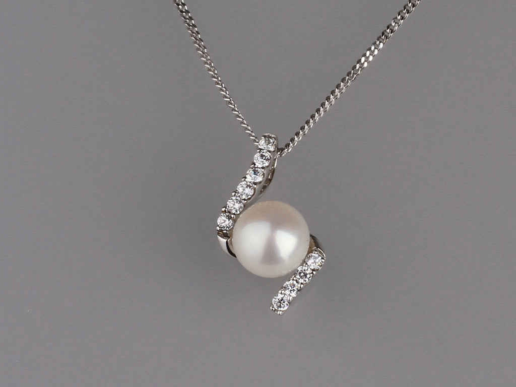 Sterling Silver Pendant with 7-7.5mm Button Shape Freshwater Pearl and Cubic Zirconia