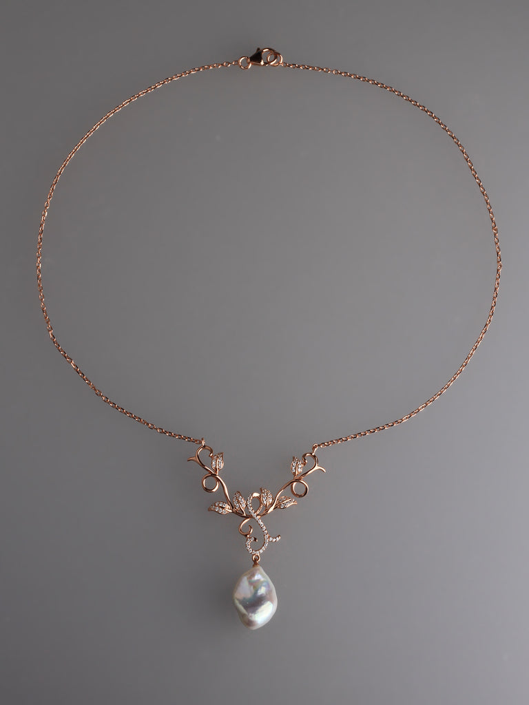 Rose Gold Plated Silver Pendant with 12-13mm Baroque Shape Freshwater Pearl and Cubic Zirconia