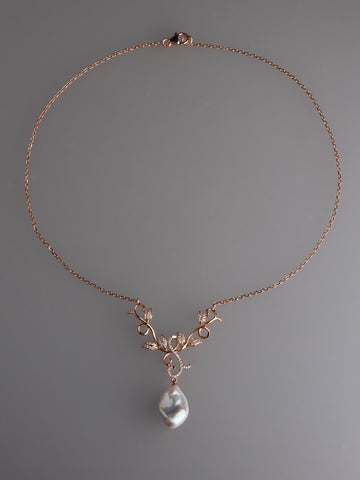 Rose Gold Plated Silver Pendant with 12-13mm Baroque Shape Freshwater Pearl and Cubic Zirconia