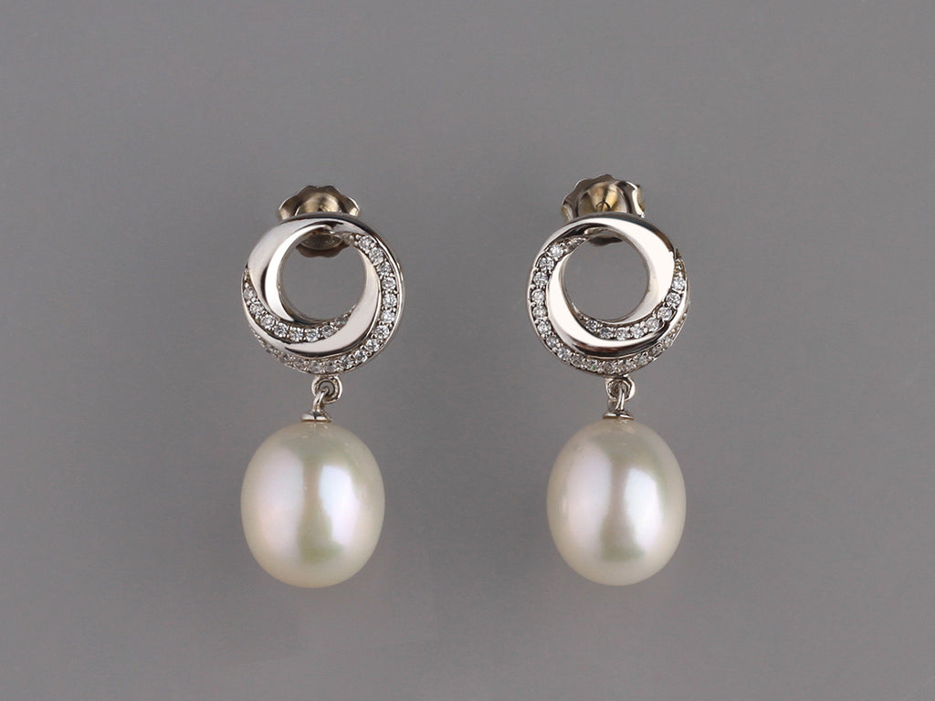 Sterling Silver Earrings with 10-10.5mm Drop Shape Freshwater Pearl and Cubic Zirconia