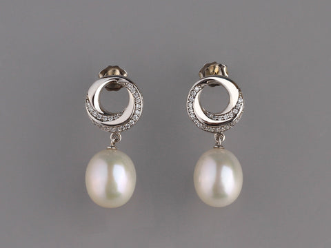 Sterling Silver Earrings with 10-10.5mm Drop Shape Freshwater Pearl and Cubic Zirconia