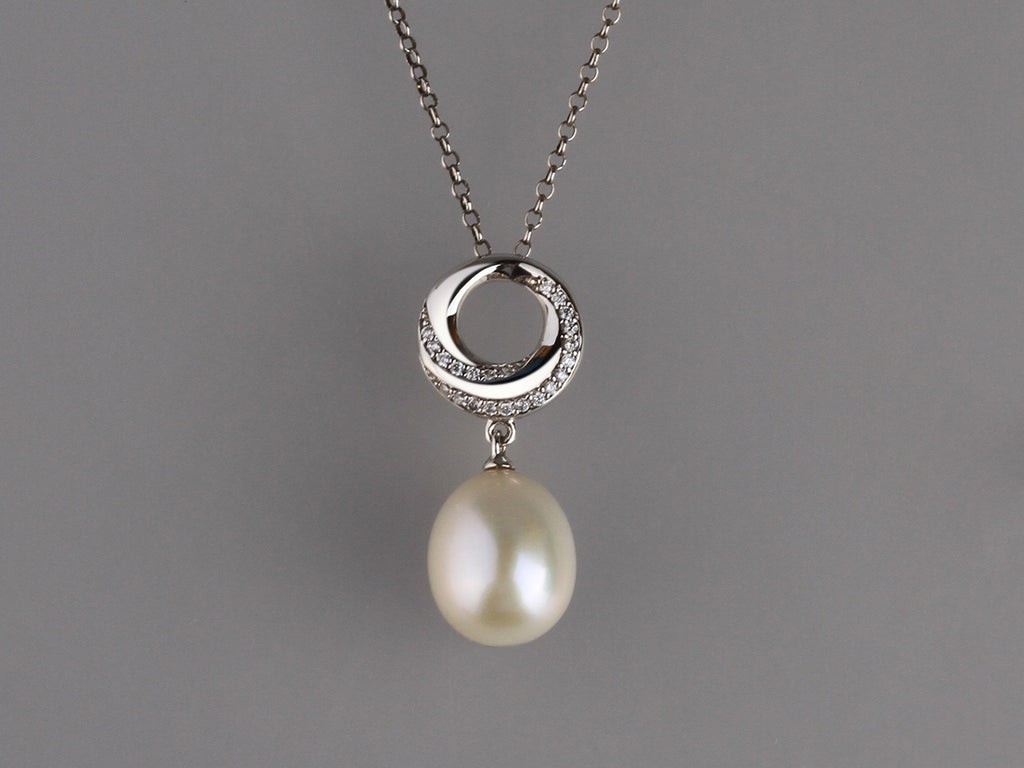 Sterling Silver Pendant with 10-10.5mm Drop Shape Freshwater Pearl  and Cubic Zirconia