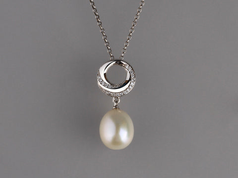 Sterling Silver Pendant with 10-10.5mm Drop Shape Freshwater Pearl  and Cubic Zirconia