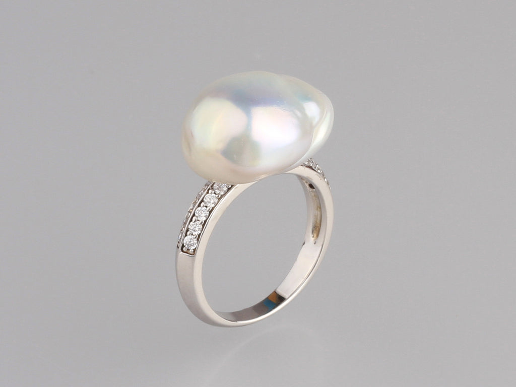 Sterling Silver Ring with 13-14mm Baroque Shape Freshwater Pearl and Cubic Zirconia