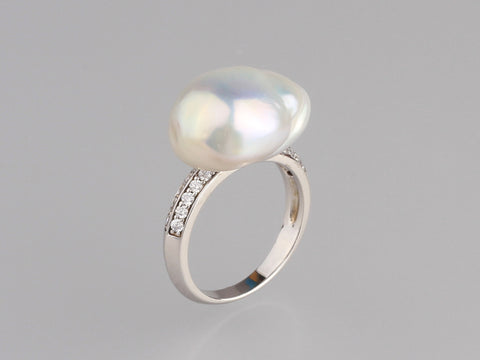 Sterling Silver Ring with 13-14mm Baroque Shape Freshwater Pearl and Cubic Zirconia