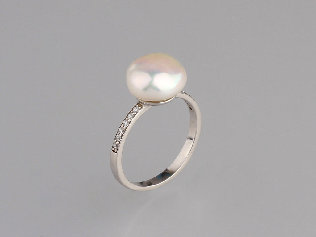 Sterling Silver with 9-10mm Baroque Shape Freshwater Pearl and Cubic Zirconia Ring