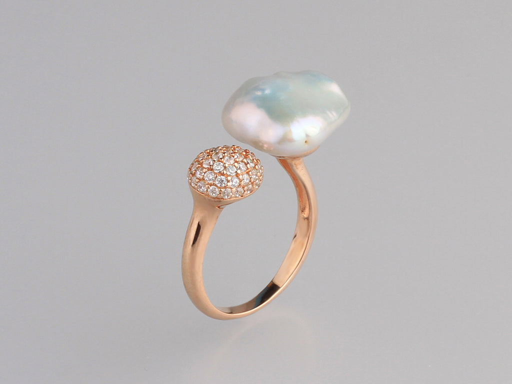 Rose Gold Plated Silver Ring with 13-14mm Baroque Shape Freshwater Pearl and Cubic Zirconia