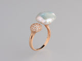 Rose Gold Plated Silver Ring with 13-14mm Baroque Shape Freshwater Pearl and Cubic Zirconia