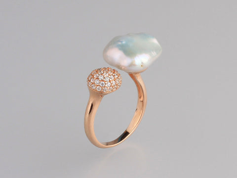Rose Gold Plated Silver Ring with 13-14mm Baroque Shape Freshwater Pearl and Cubic Zirconia