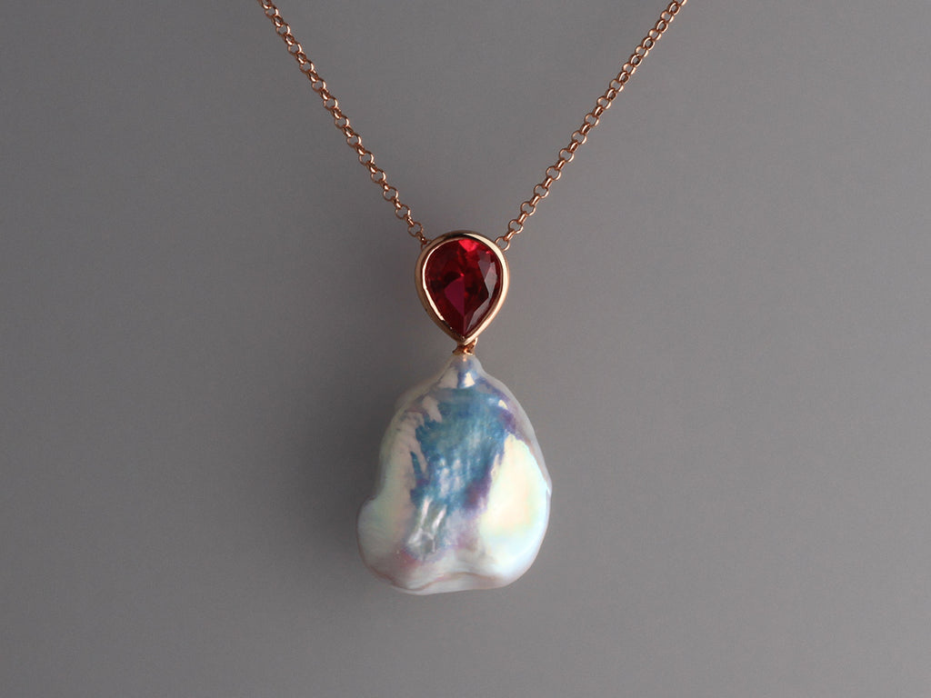 Rose Gold Plated Silver Pendant with 16-17mm Baroque Shape Freshwater Pearl and Red Corundum