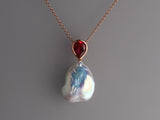 Rose Gold Plated Silver Pendant with 16-17mm Baroque Shape Freshwater Pearl and Red Corundum