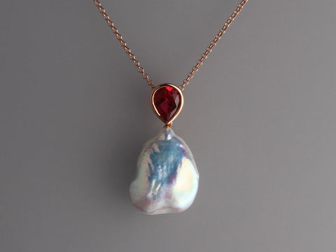 Rose Gold Plated Silver Pendant with 16-17mm Baroque Shape Freshwater Pearl and Red Corundum