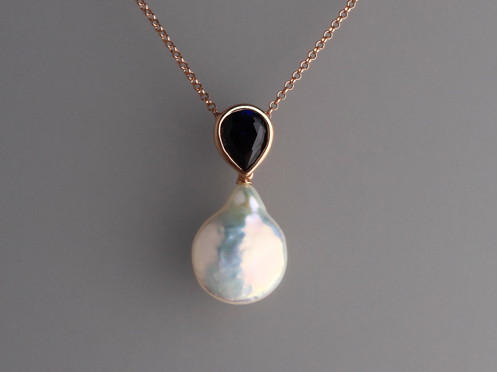 Rose Gold Plated Silver Pendant with 13-14mm Button Shape Freshwater Pearl and Cubic Zirconia